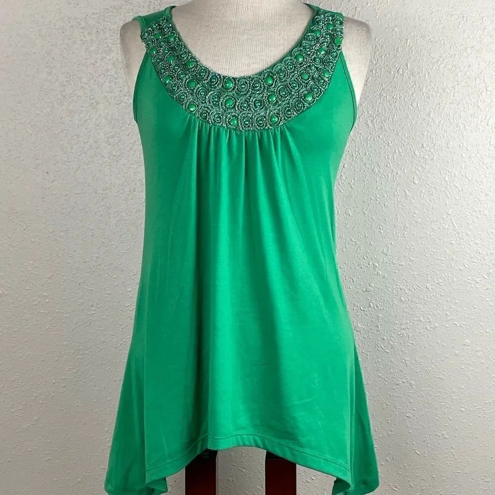 EUC Agenda Womens Green Tank Top with Bedazzled Neck Line Size S